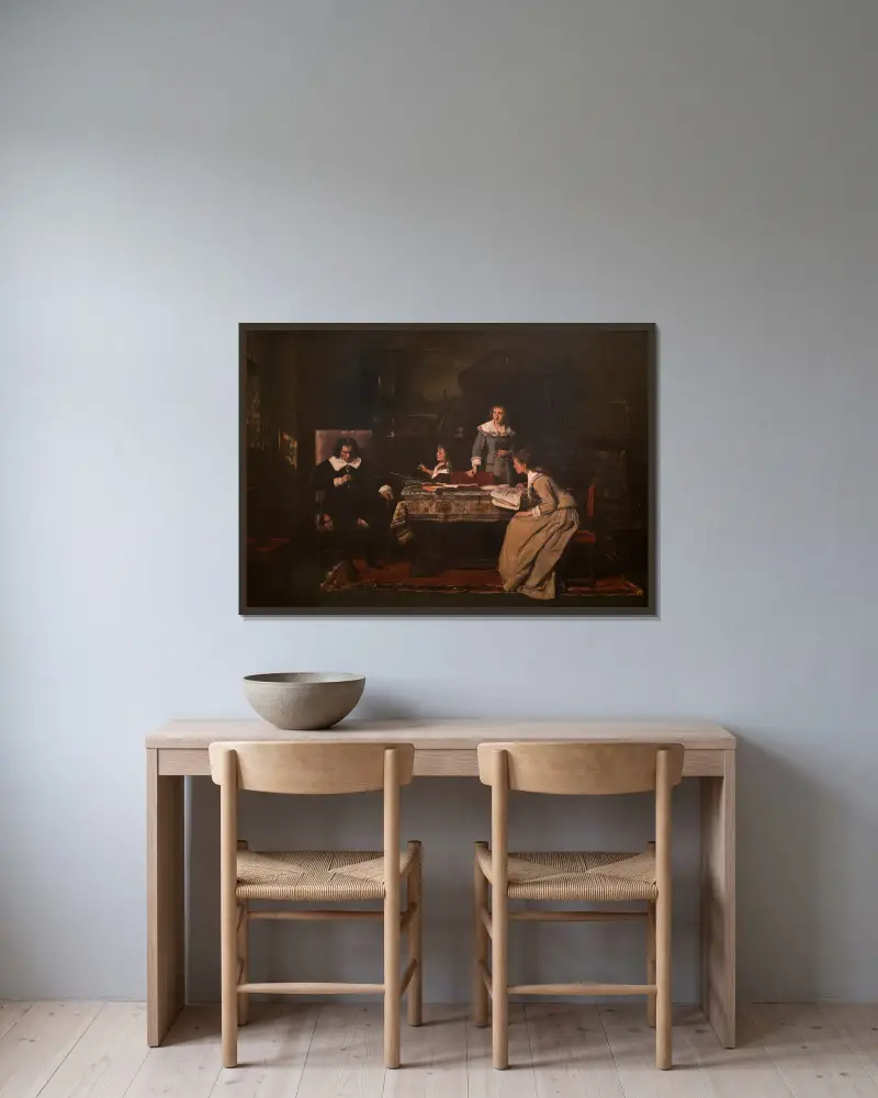 Blind Milton dictating ‘Paradise Lost’ to his daughters av Mihály Munkácsy inramad på en vägg