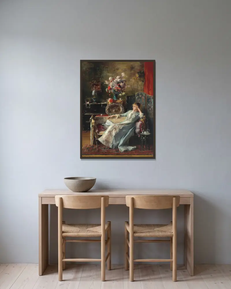Young Woman sitting on a Sofa av Mihály Munkácsy inramad på en vägg