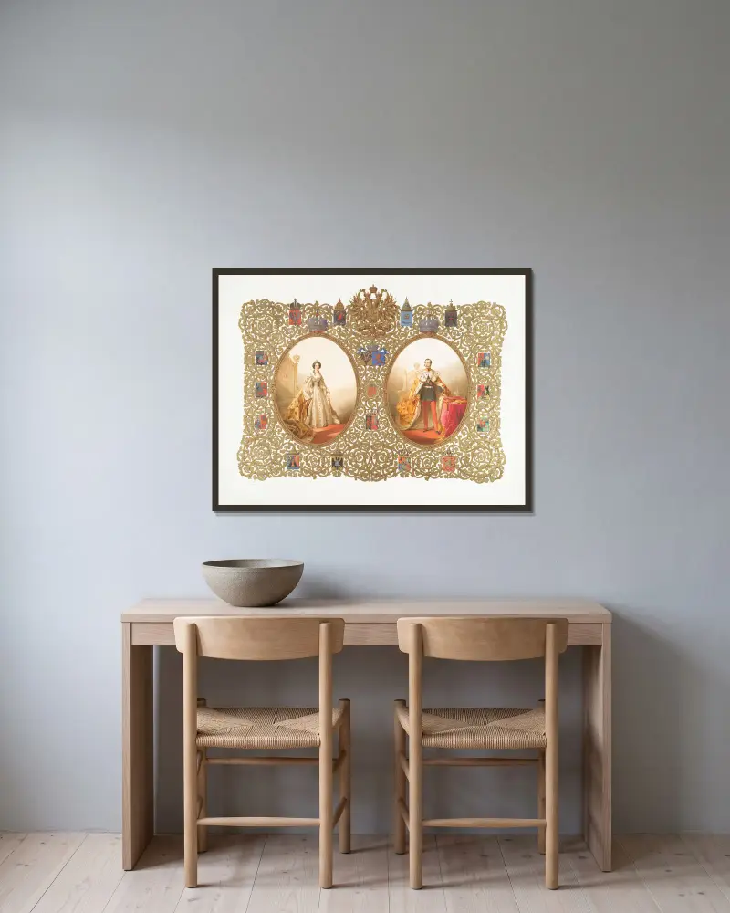 Portraits of Their Imperial Majesties, framed with the coats of arms of all the provinces av Mihály Zichy inramad på en vägg