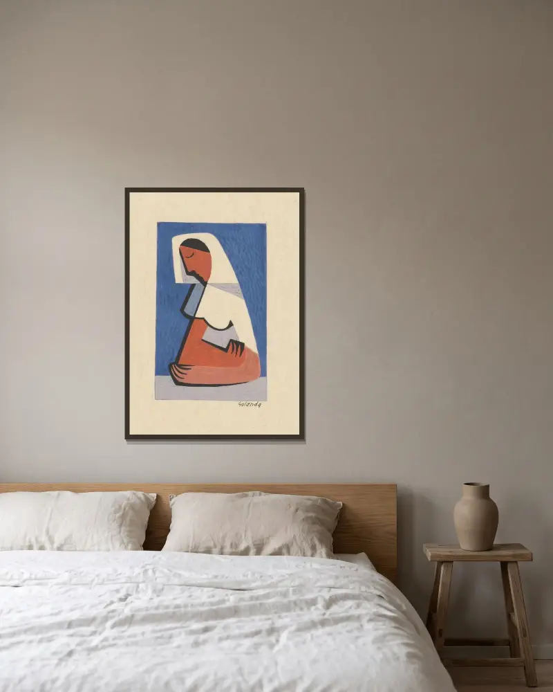 Flicka vid ett bord av Mikuláš Galanda inramad på en vägg
