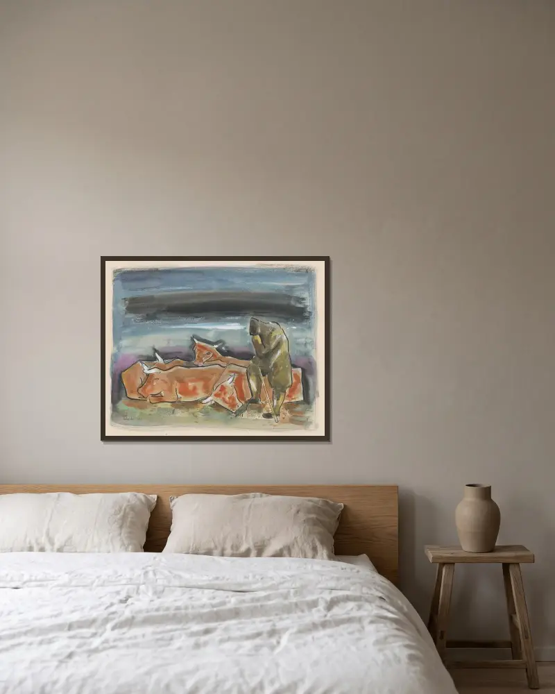 Kväll på betet av Mikuláš Galanda inramad på en vägg