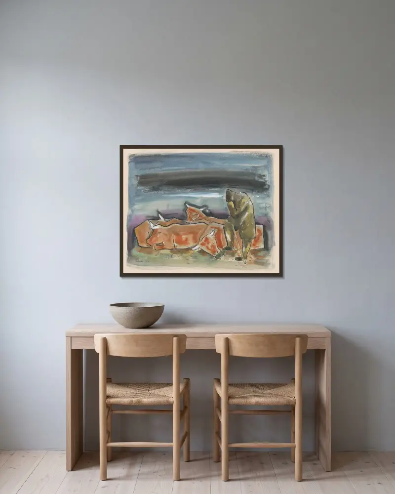 Kväll på betet av Mikuláš Galanda inramad på en vägg