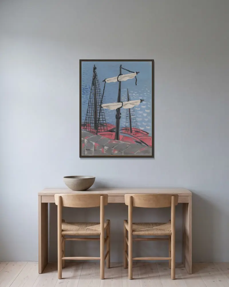 Fischerboote von Mikuláš Galanda gerahmt an einer Wand