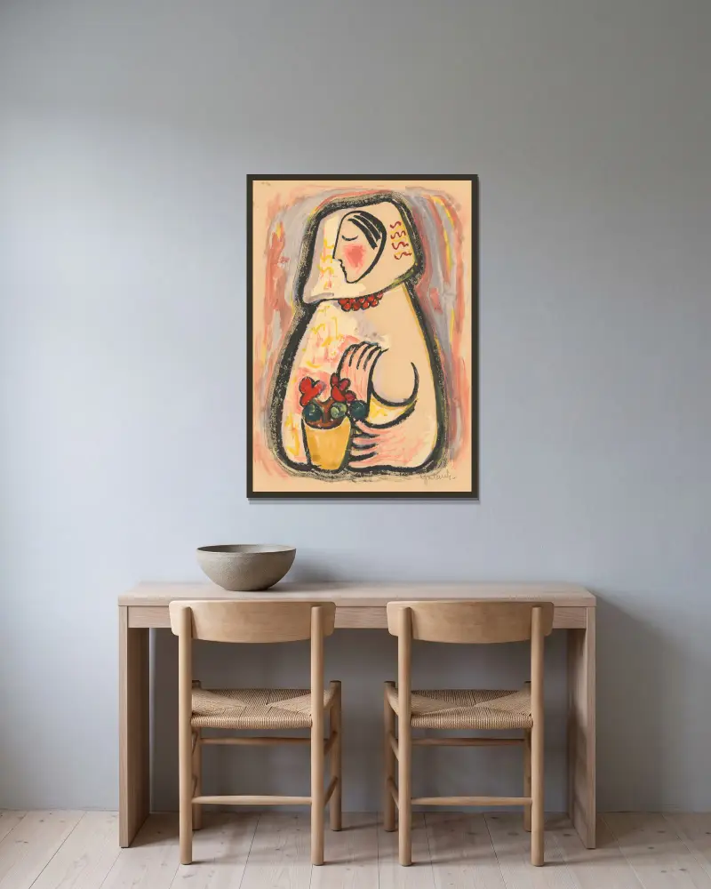 Girl with a basket of flowers av Mikuláš Galanda inramad på en vägg
