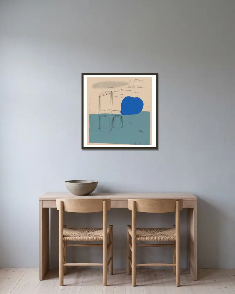 Landschaft mit Stuhl von Mikuláš Galanda gerahmt an einer Wand