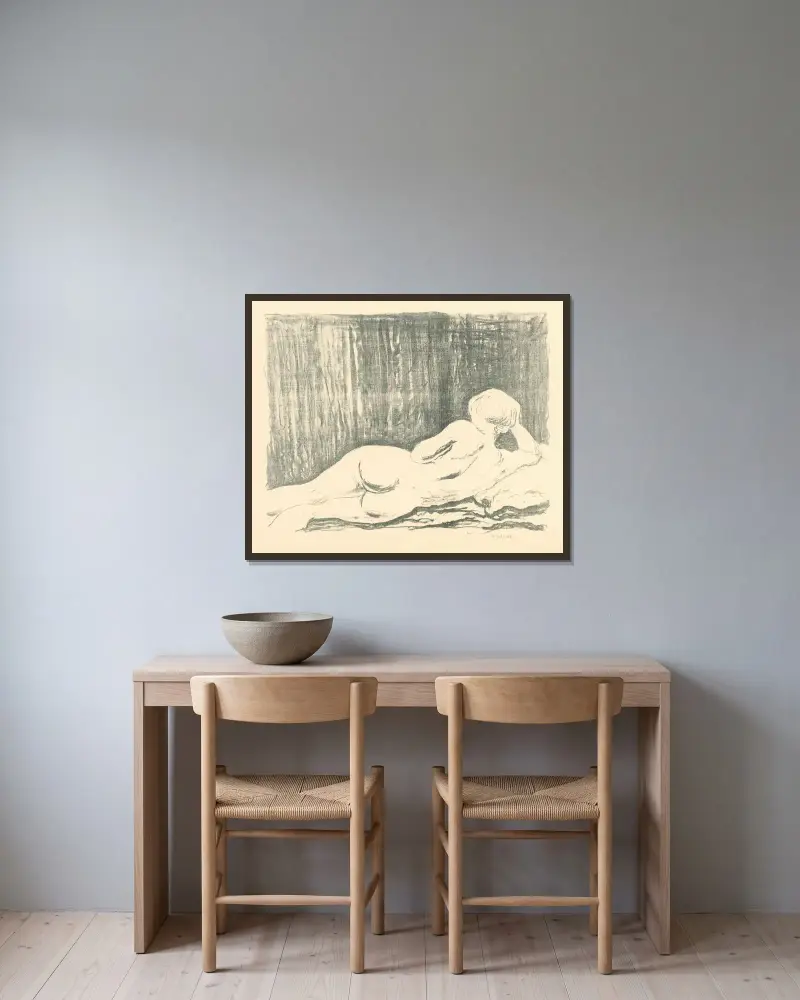 Liggande kvinnlig akt av Mikuláš Galanda inramad på en vägg