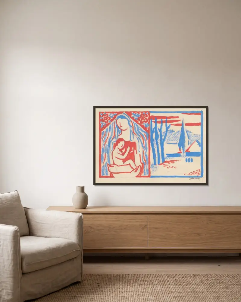 Madonna mit Kind von Mikuláš Galanda gerahmt an einer Wand