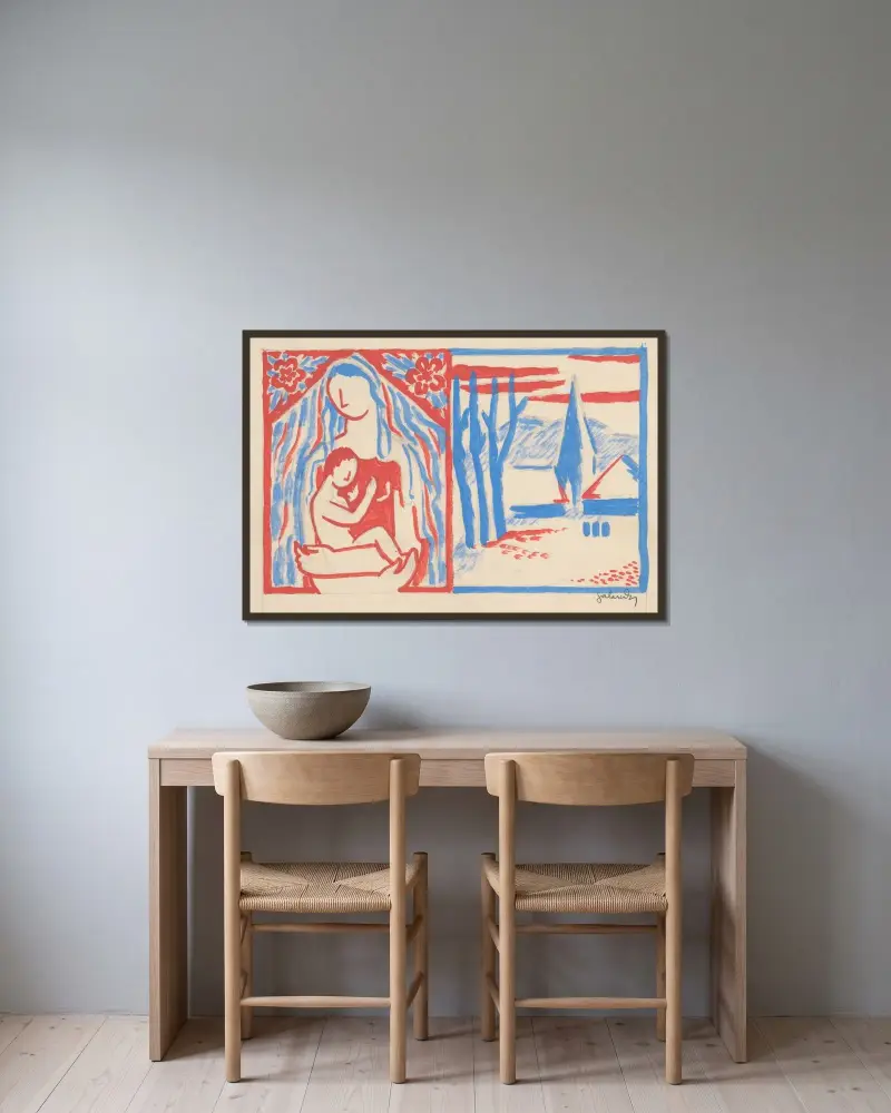 Madonna mit Kind von Mikuláš Galanda gerahmt an einer Wand