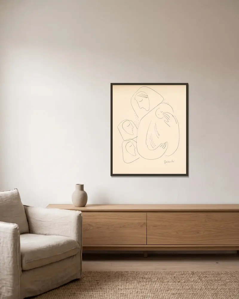 Moder med barn i linda och två kvinnor av Mikuláš Galanda inramad på en vägg