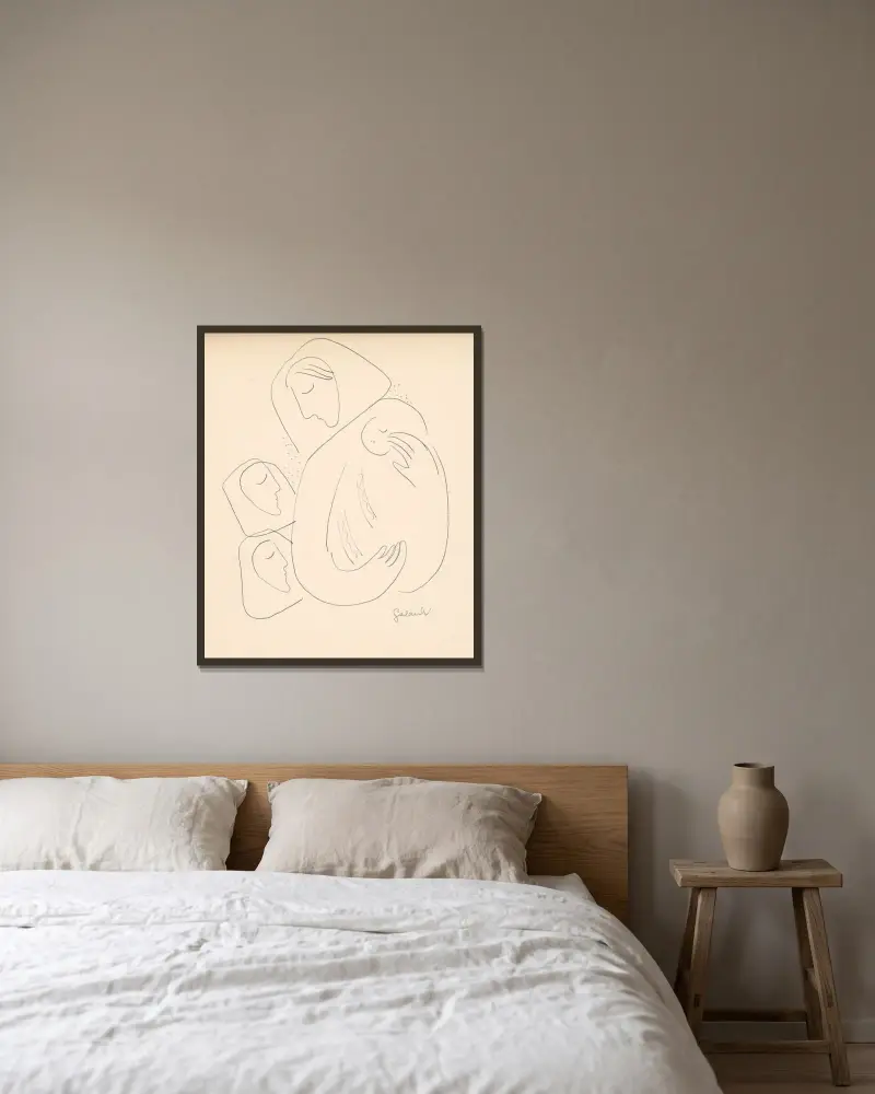 Moder med barn i linda och två kvinnor av Mikuláš Galanda inramad på en vägg