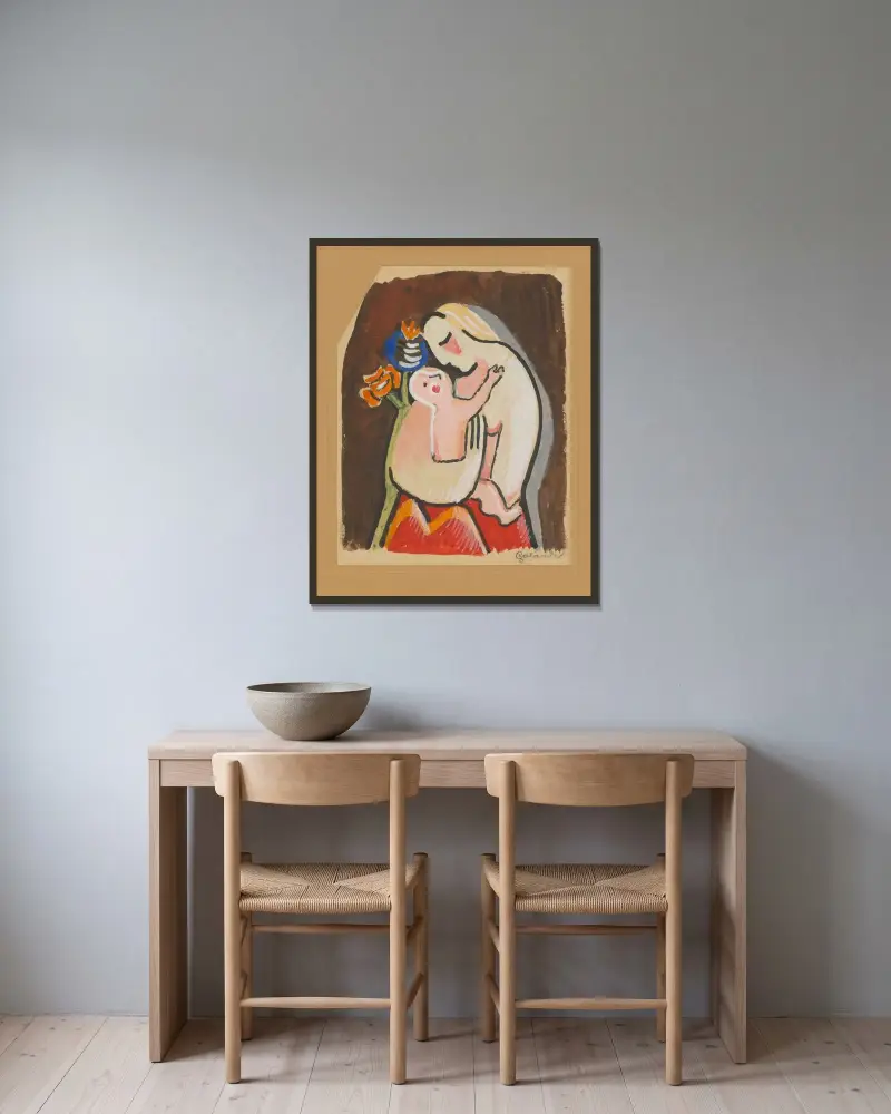 Moder och barn med vallmo av Mikuláš Galanda inramad på en vägg