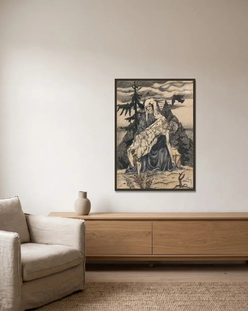 Pieta von Mikuláš Galanda gerahmt an einer Wand