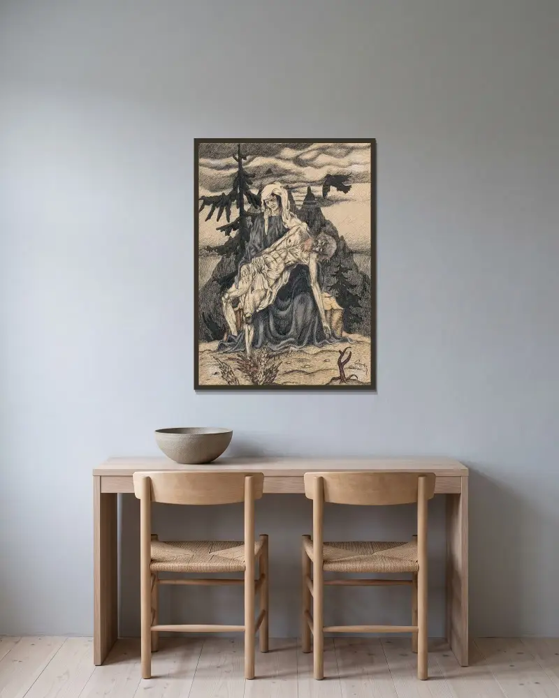 Pieta von Mikuláš Galanda gerahmt an einer Wand