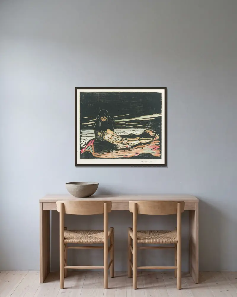 Pieta av Mikuláš Galanda inramad på en vägg