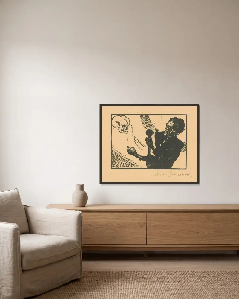 Das Gespenst des Todes von Mikuláš Galanda gerahmt an einer Wand