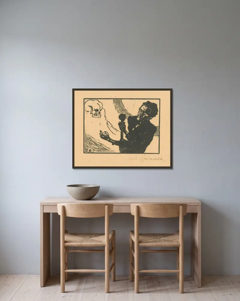 Das Gespenst des Todes von Mikuláš Galanda gerahmt an einer Wand