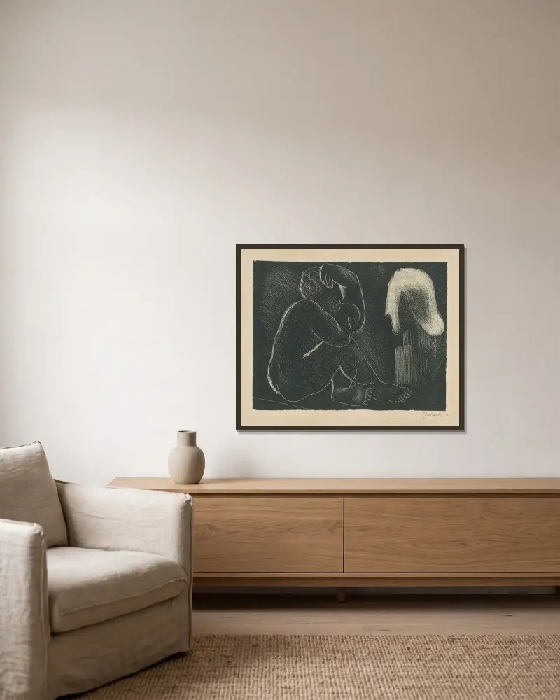 Sochár a socha von Mikuláš Galanda gerahmt an einer Wand