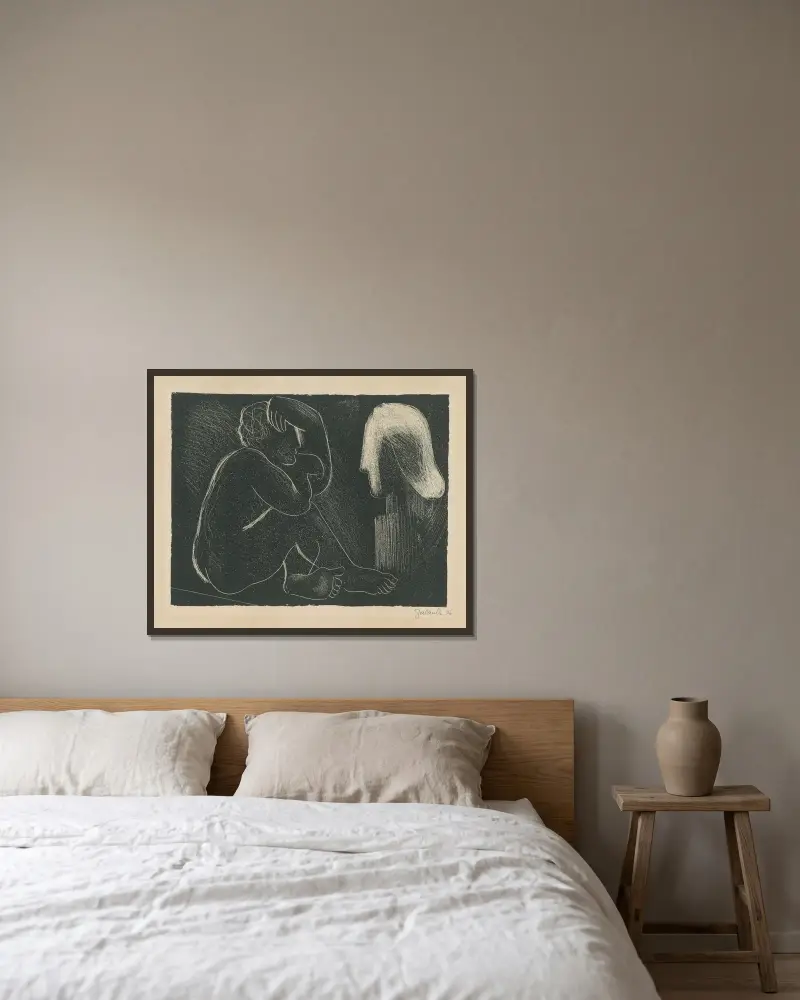 Sochár a socha von Mikuláš Galanda gerahmt an einer Wand