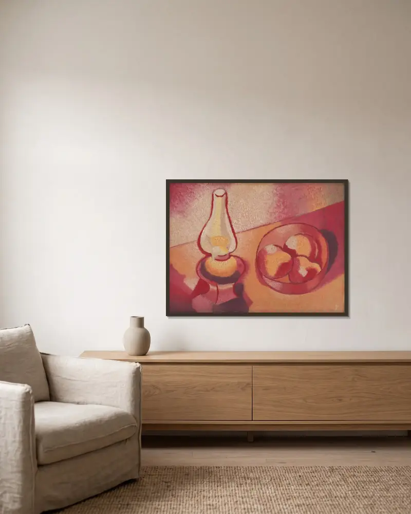 Stilleben med lampa av Mikuláš Galanda inramad på en vägg