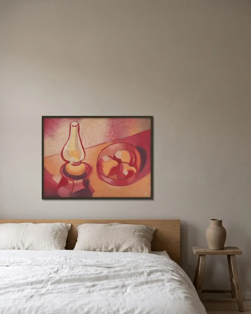 Stilleben med lampa av Mikuláš Galanda inramad på en vägg