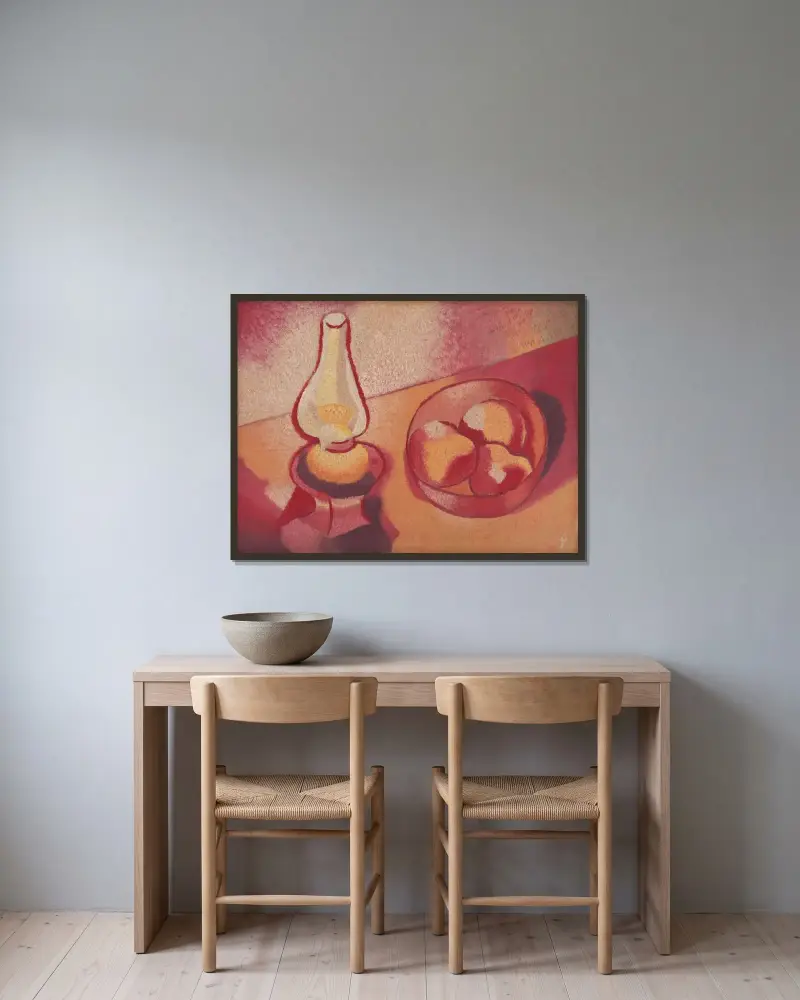 Stilleben med lampa av Mikuláš Galanda inramad på en vägg