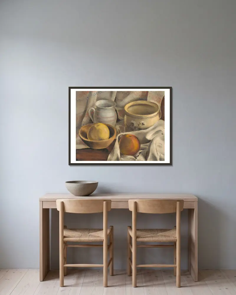 Still Life with Ceramic Pots and Apples av Mikuláš Galanda inramad på en vägg