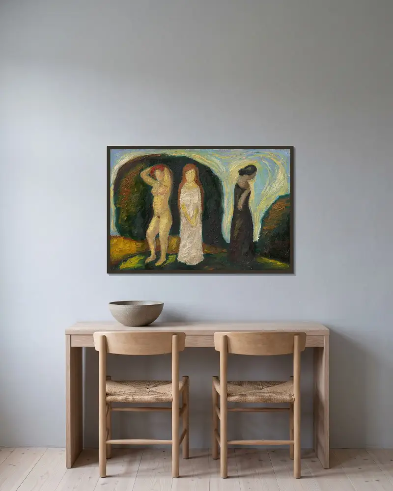 En kvinnas tre livsstadier av Mikuláš Galanda inramad på en vägg