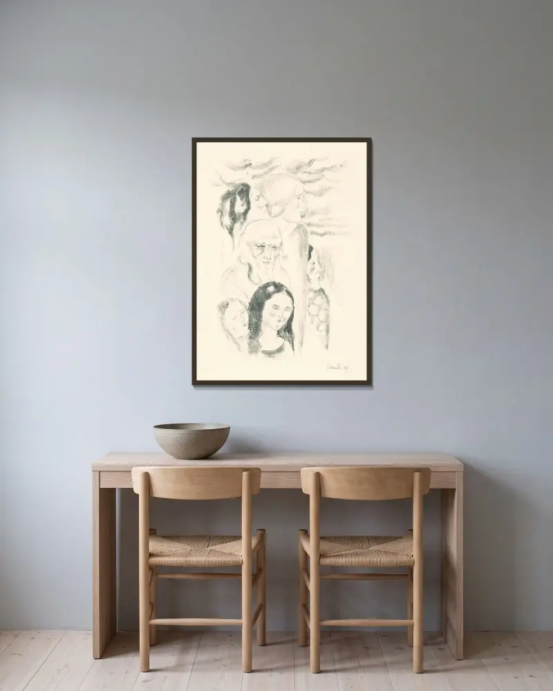 Tváre von Mikuláš Galanda gerahmt an einer Wand