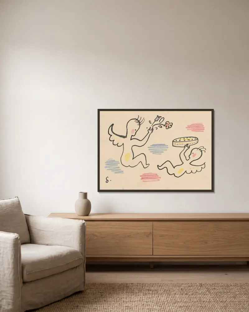 Zwei Engel von Mikuláš Galanda gerahmt an einer Wand