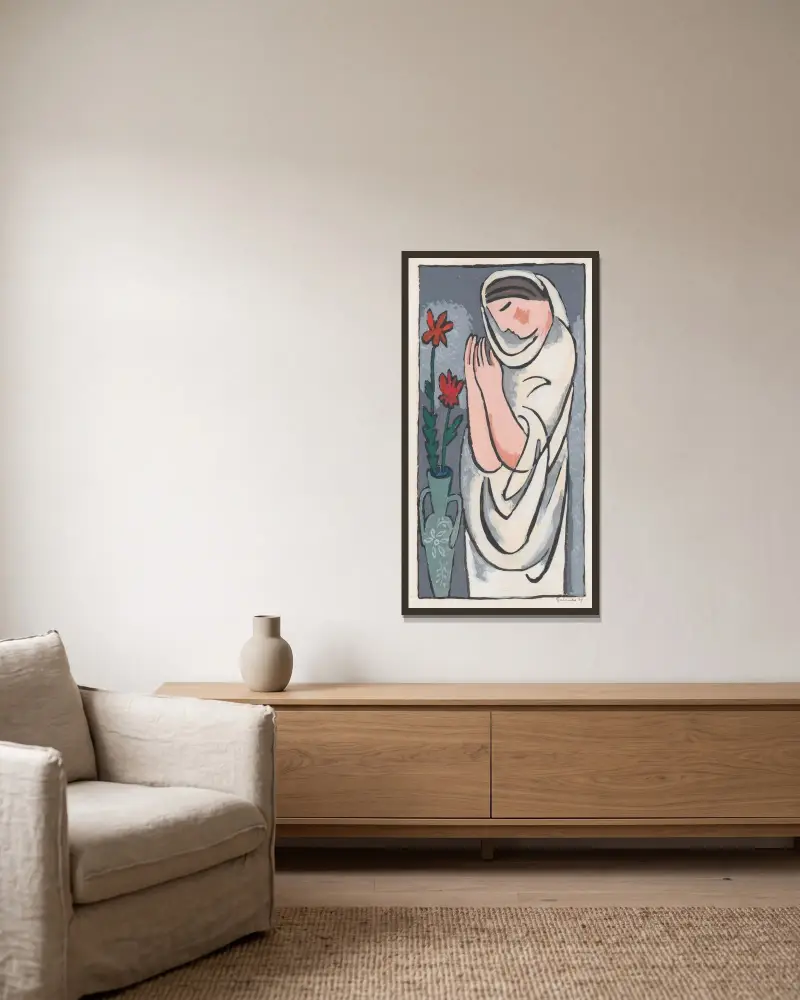 Kvinna och blomma av Mikuláš Galanda inramad på en vägg