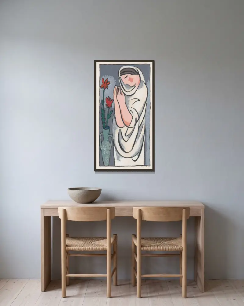 Kvinna och blomma av Mikuláš Galanda inramad på en vägg