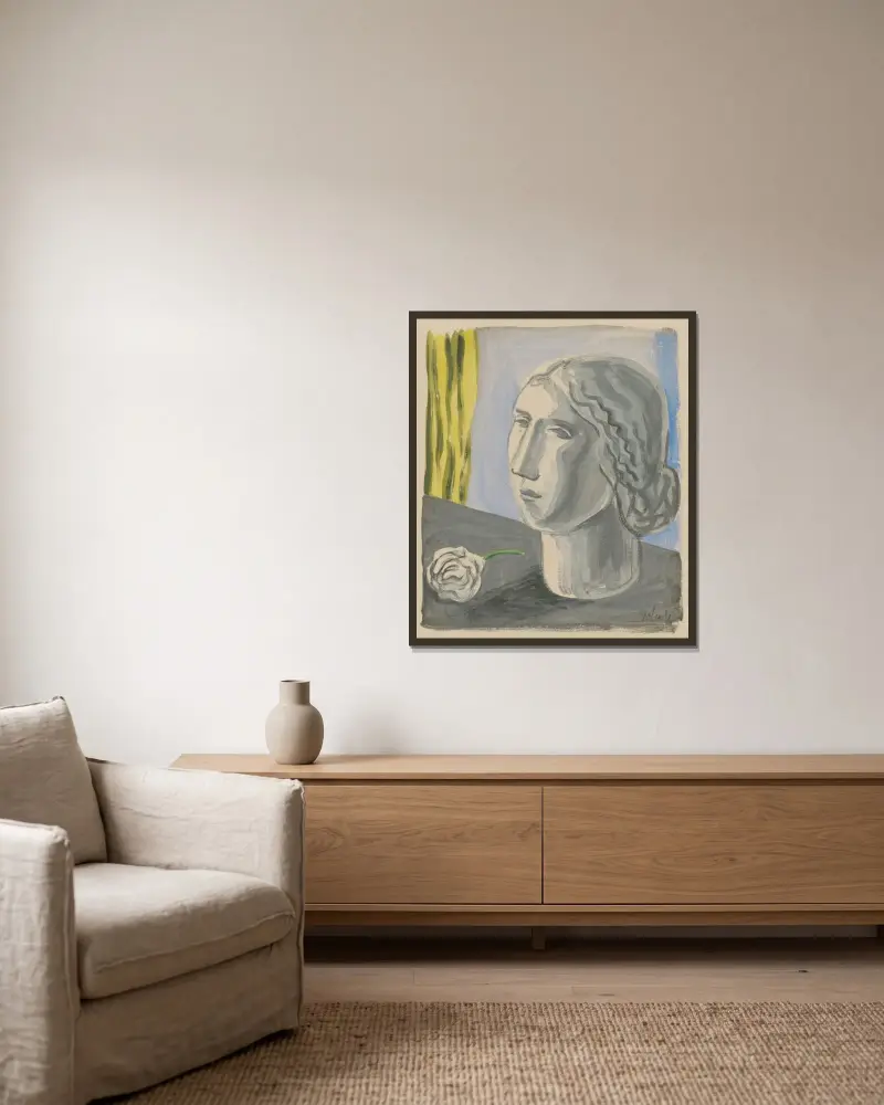 Frauenkopf von Mikuláš Galanda gerahmt an einer Wand