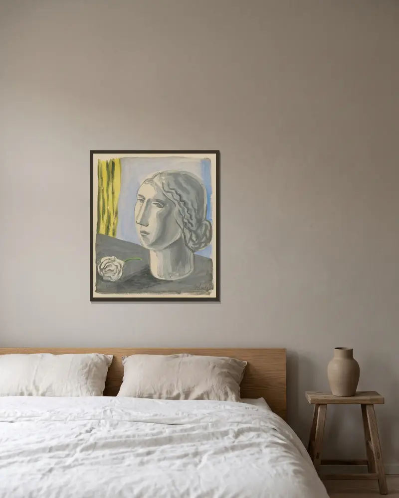 Frauenkopf von Mikuláš Galanda gerahmt an einer Wand