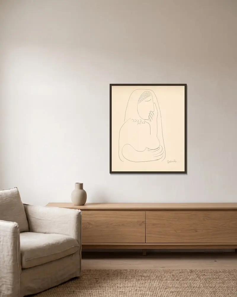 Kvinna i sjal med stöttad kind av Mikuláš Galanda inramad på en vägg