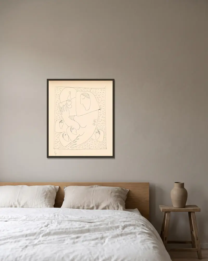 Kvinnor med fotogenlampa av Mikuláš Galanda inramad på en vägg