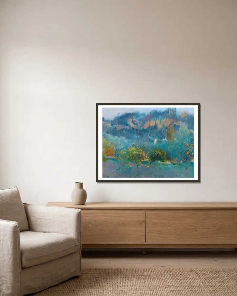 Paisaje Mallorquín Con Naranjos (Orange Trees In Mallorca) av Joaquin Mir Trinxet inramad på en vägg