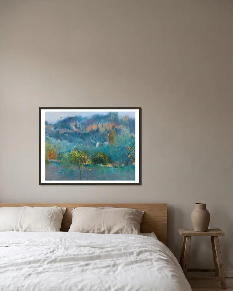 Paisaje Mallorquín Con Naranjos (Orange Trees In Mallorca) av Joaquin Mir Trinxet inramad på en vägg