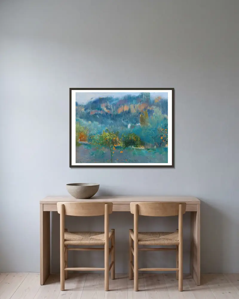 Paisaje Mallorquín Con Naranjos (Orange Trees In Mallorca) av Joaquin Mir Trinxet inramad på en vägg