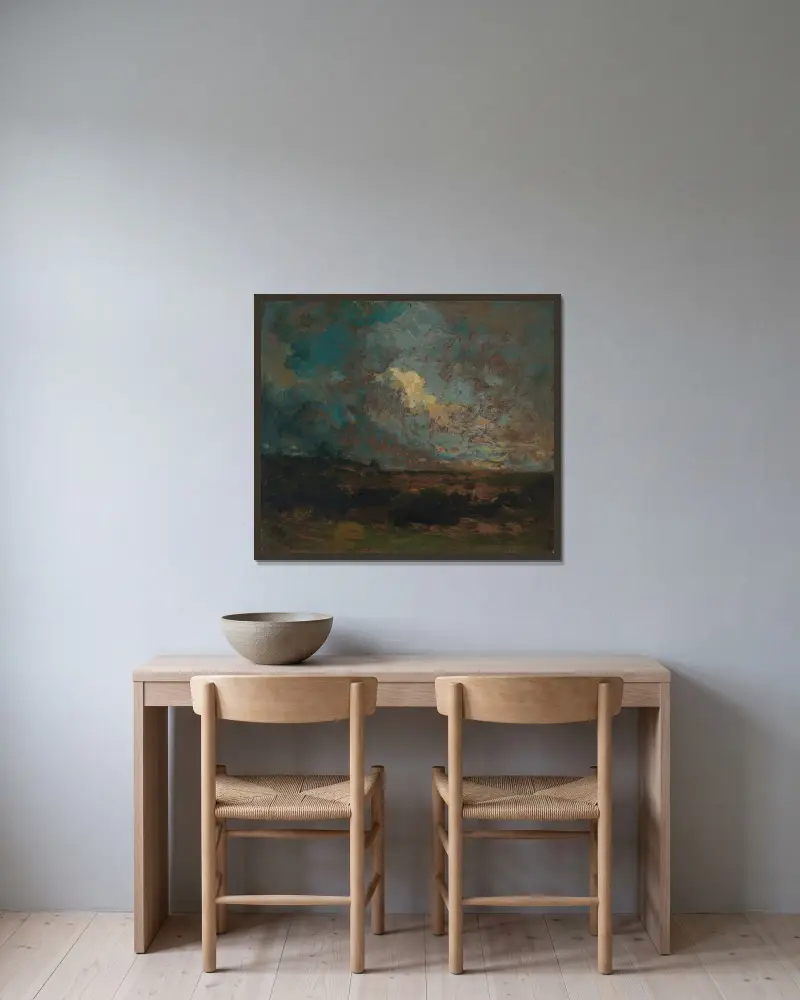 Nach dem Regenschauer von Edward Mitchell Bannister gerahmt an einer Wand