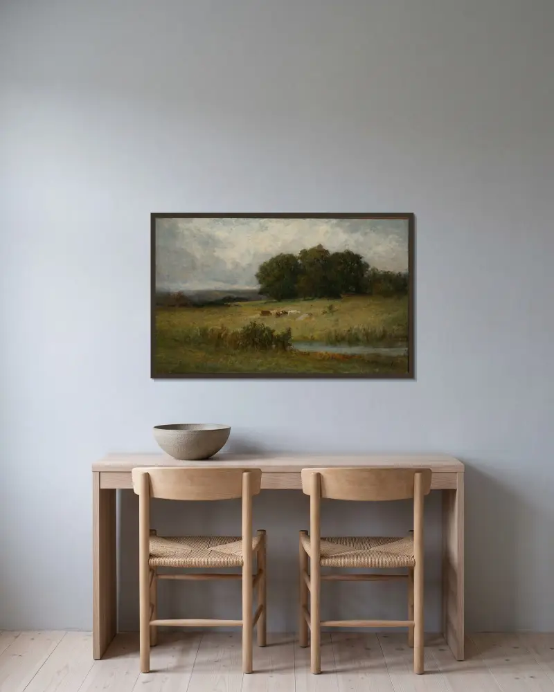 Ljus scen med boskap vid bäck av Edward Mitchell Bannister inramad på en vägg