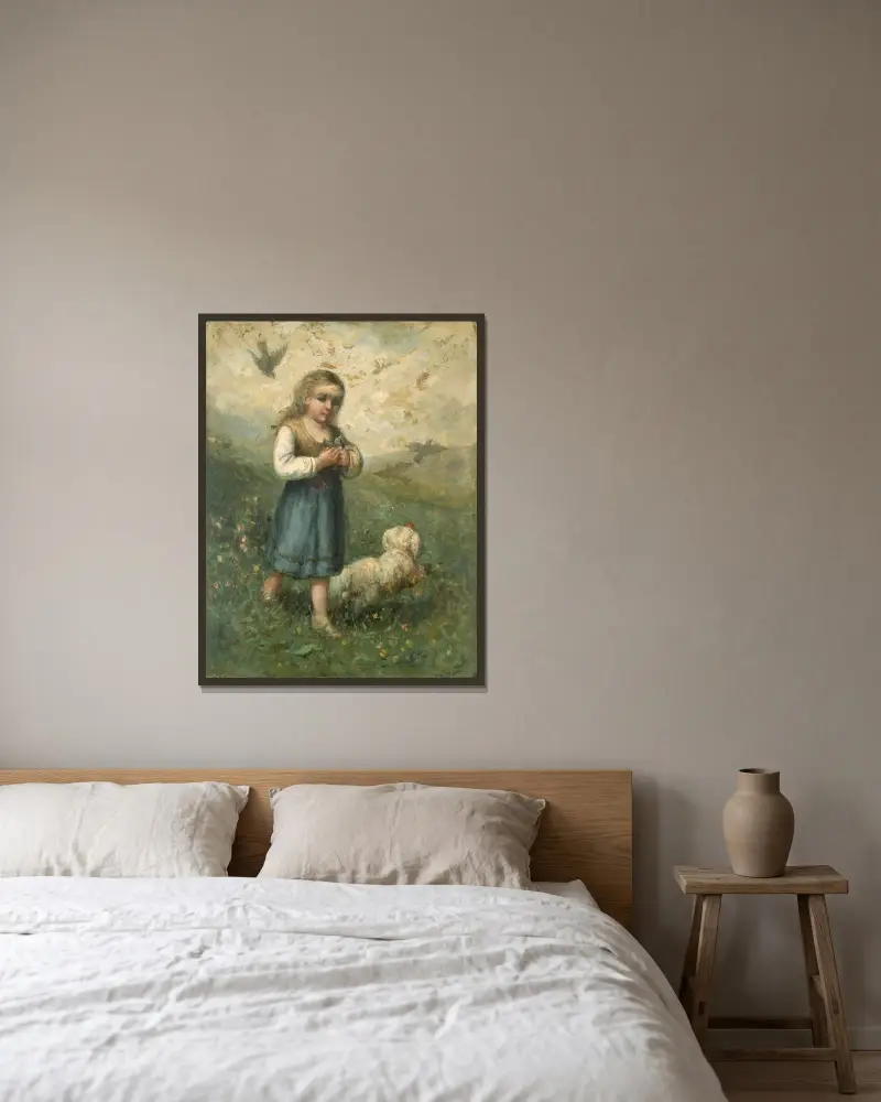 Barn med fåglar och hund av Edward Mitchell Bannister inramad på en vägg