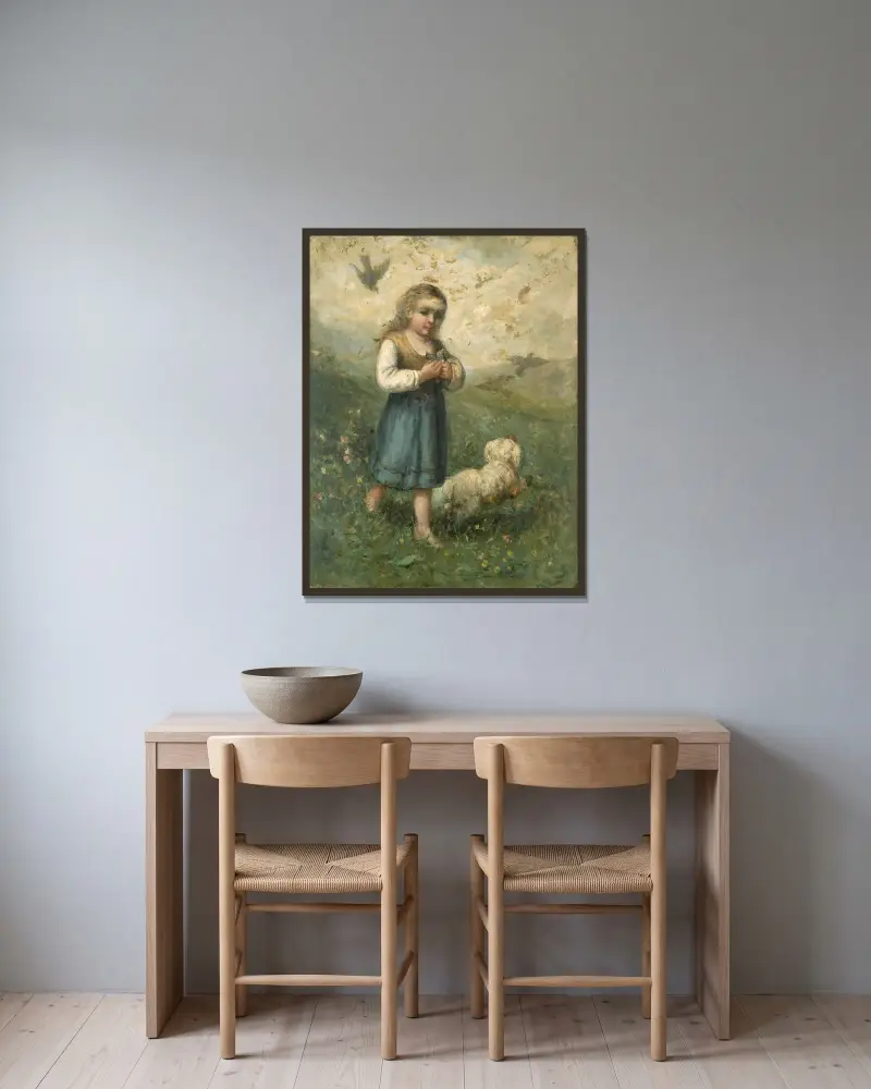 Barn med fåglar och hund av Edward Mitchell Bannister inramad på en vägg