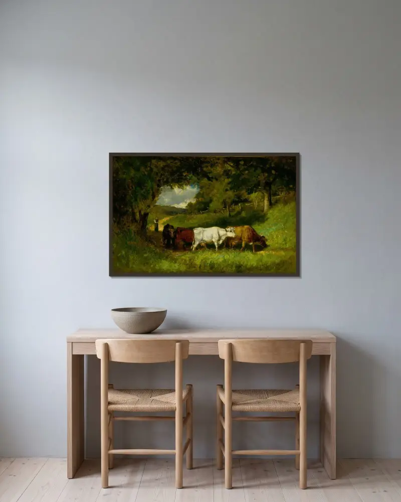 Att driva hem korna av Edward Mitchell Bannister inramad på en vägg