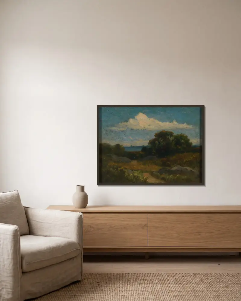 Landschaft (Bäume und Felsen am See) von Edward Mitchell Bannister gerahmt an einer Wand