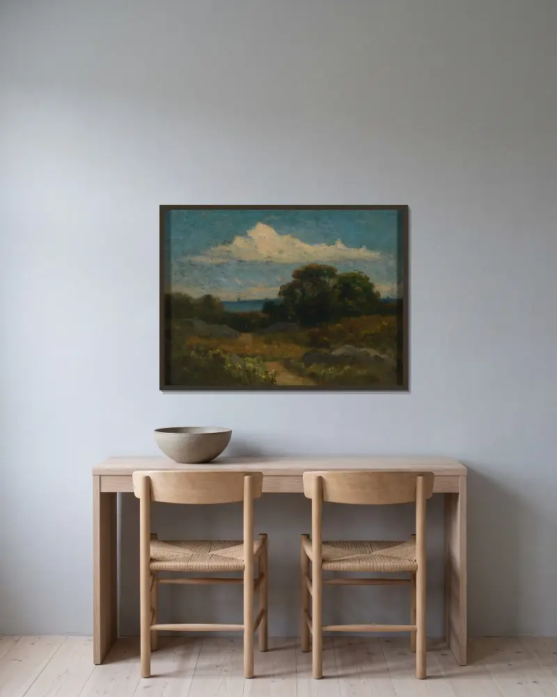 Landschaft (Bäume und Felsen am See) von Edward Mitchell Bannister gerahmt an einer Wand