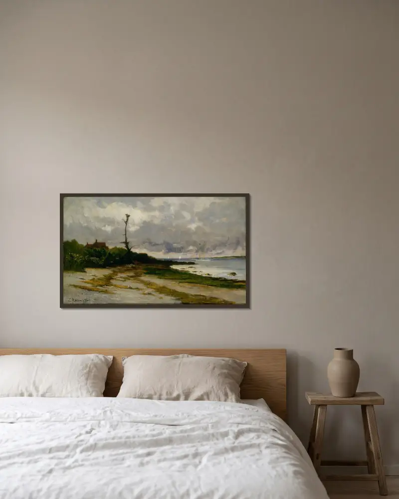 Landskap nära Newport, R. I. av Edward Mitchell Bannister inramad på en vägg