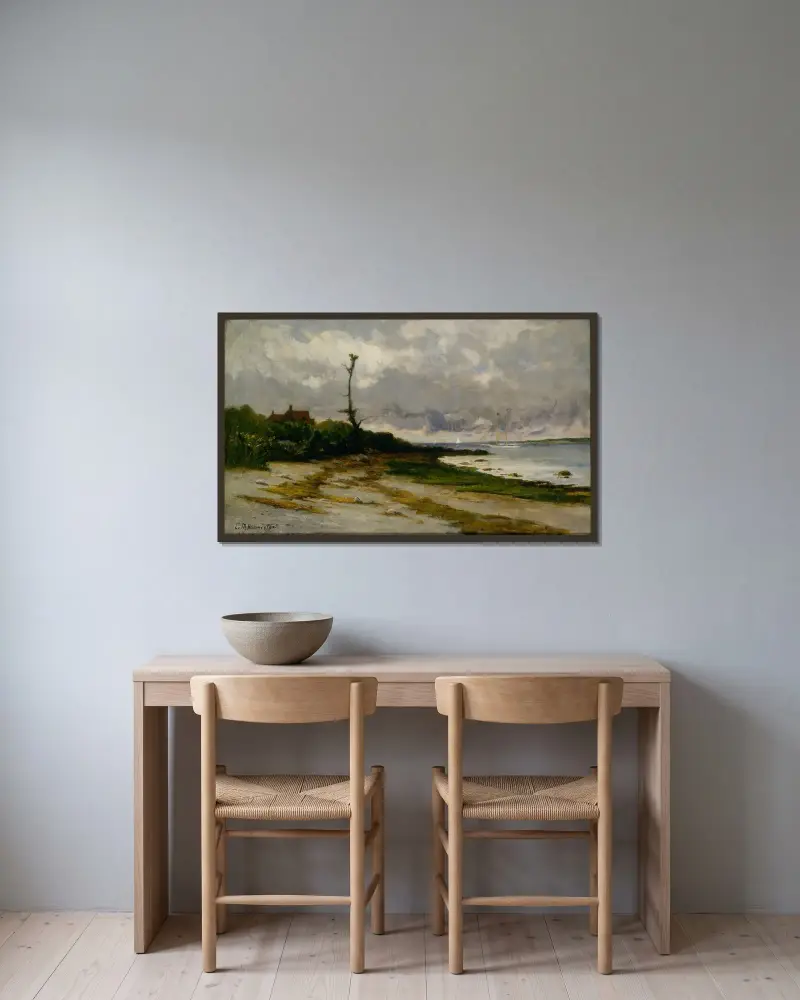 Landskap nära Newport, R. I. av Edward Mitchell Bannister inramad på en vägg