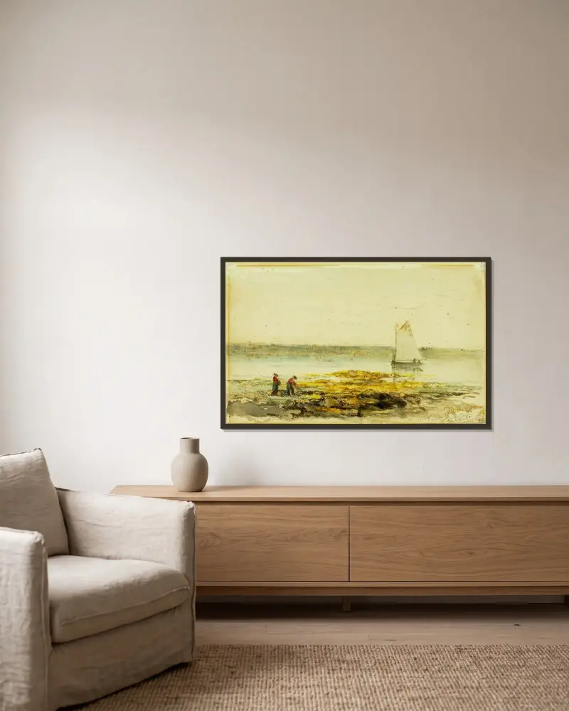 Morgon vid stranden av Edward Mitchell Bannister inramad på en vägg