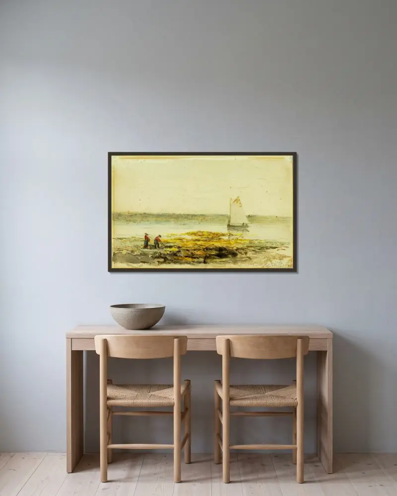 Morgon vid stranden av Edward Mitchell Bannister inramad på en vägg