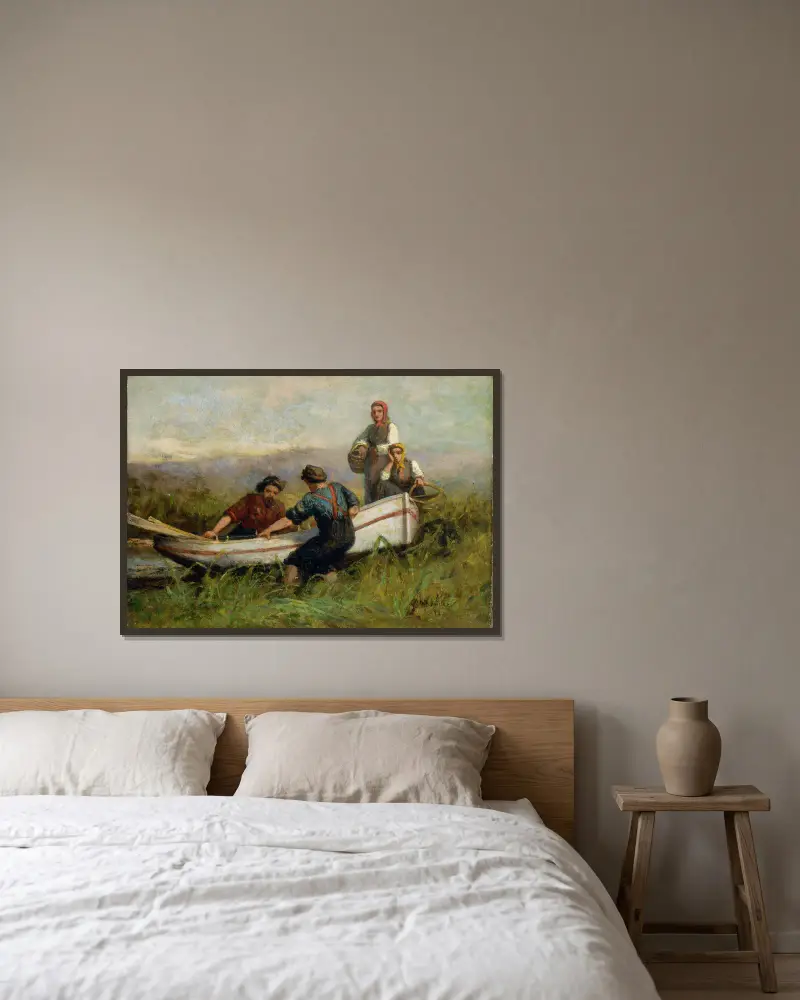 Menschen in der Nähe eines Bootes von Edward Mitchell Bannister gerahmt an einer Wand